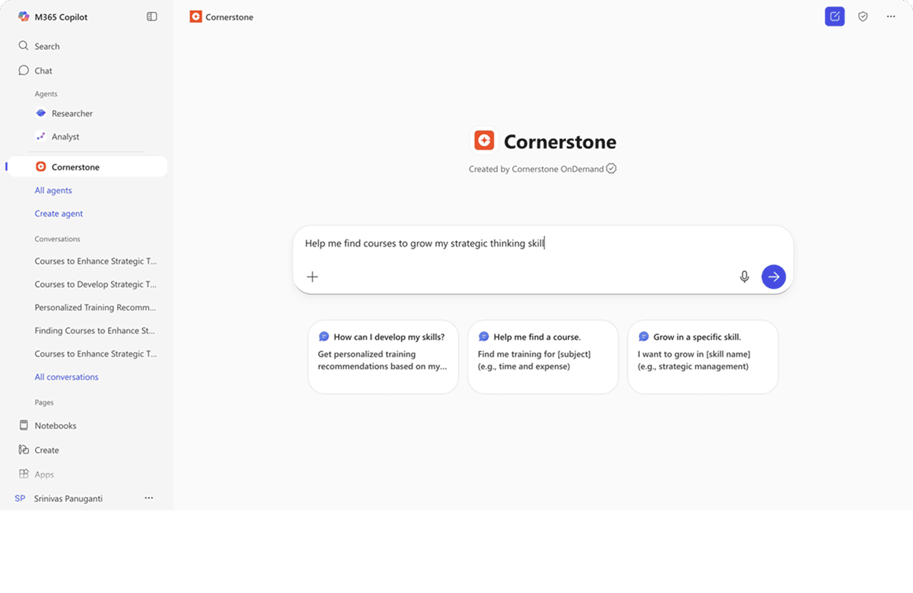Ndaani nuu pantalla Microsoft 365 Copilot's Cornerstone app kanu ñuu cuchi "Ndaani kuni kavaa kavaa yuku sa'an ndaani kuni ñuu strategic thinking skill".