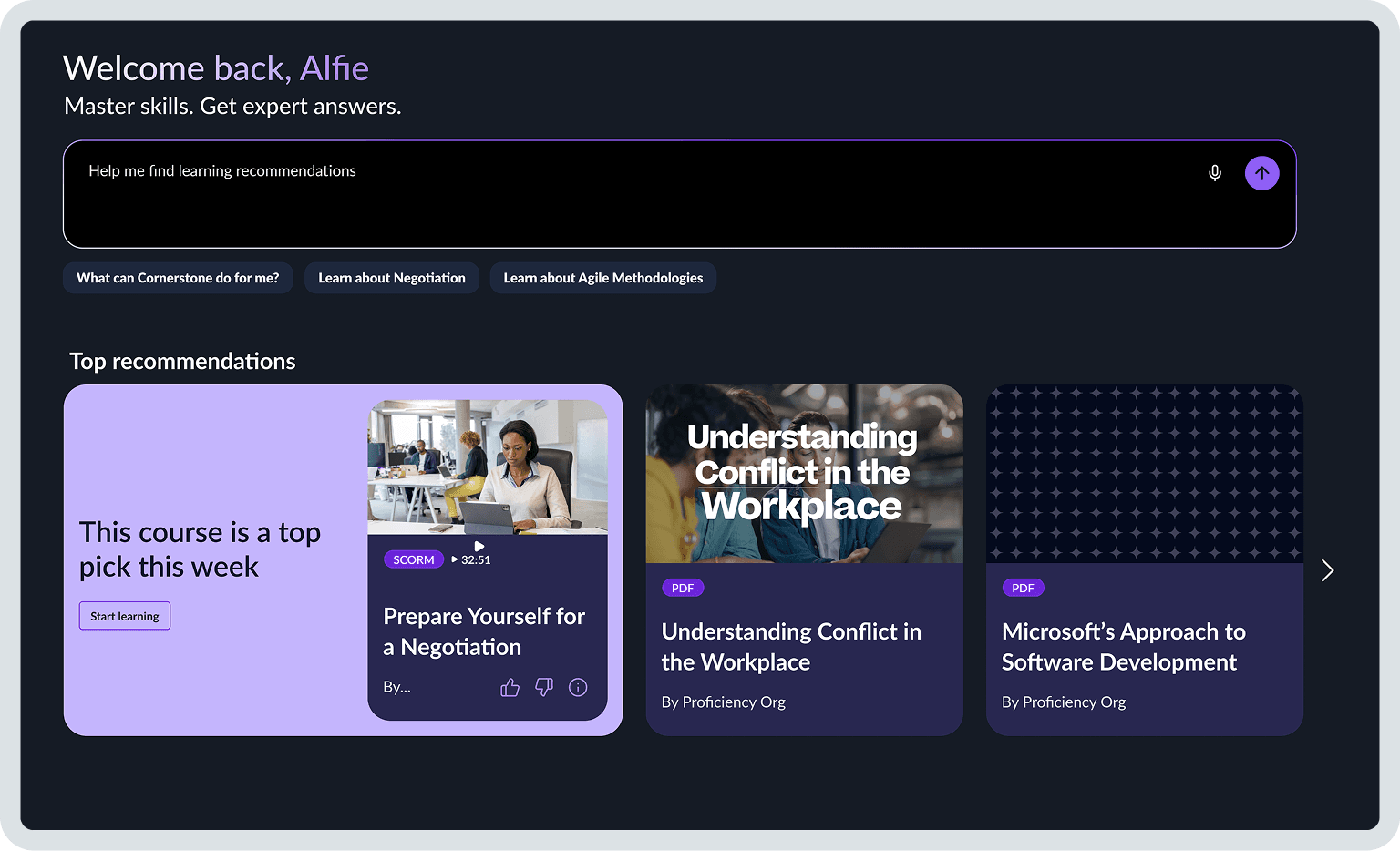 Un tableau de bord sur l'apprentissage en ligne au thème sombre accueillant « Alfie », affichant une barre de recherche et des recommandations de cours de premier plan comme « Préparez-vous à la négociation ».