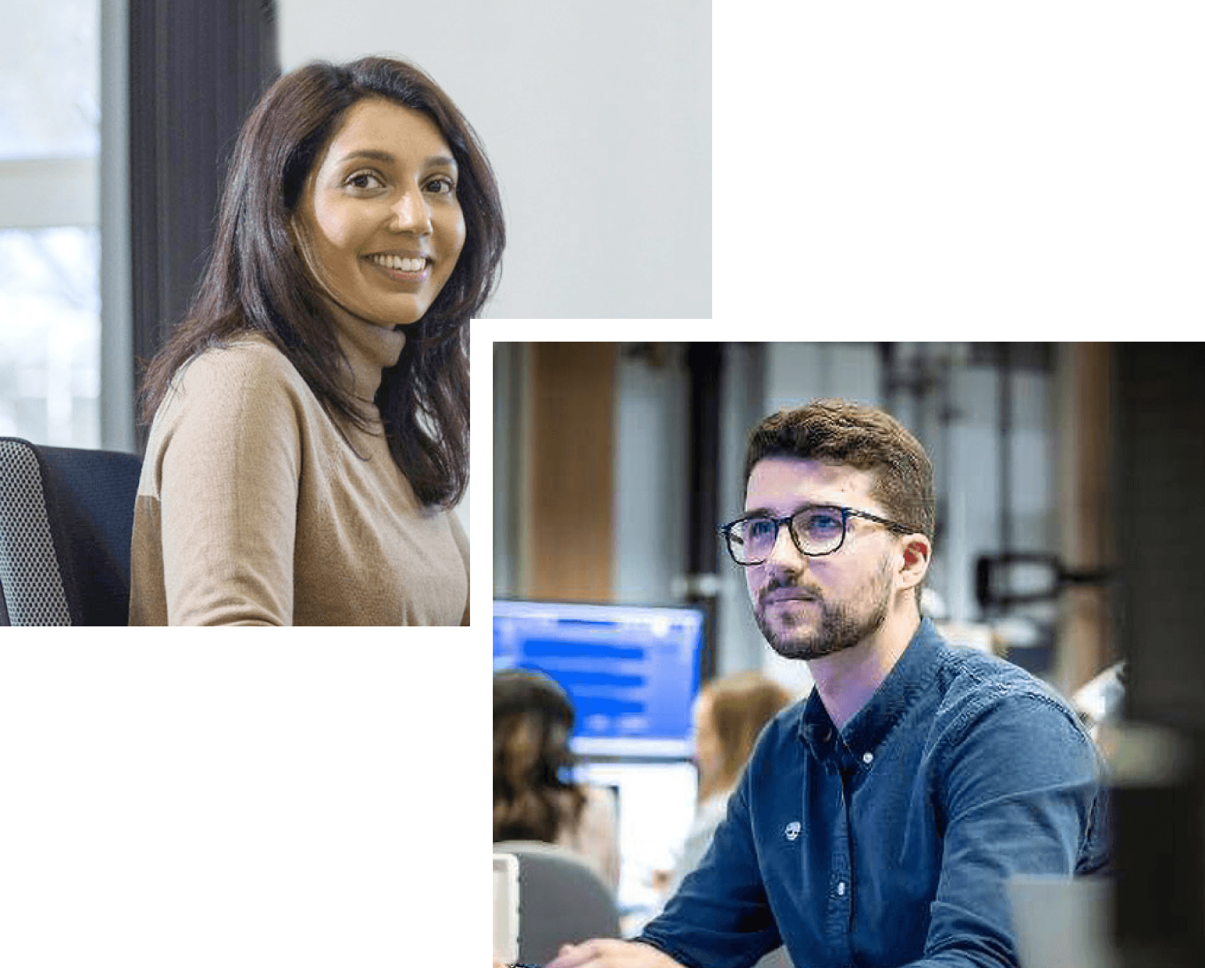 A smiling woman and a man with glasses working in an office